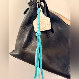 Western Cowgirl Cow Tag Tooled Leather Cream Turquoise Keychain Bag Charm Rose